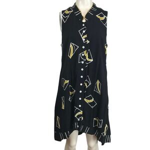 Lynz  Sleeveless Shirt Dress Black Geometric Print Button Front Womens S